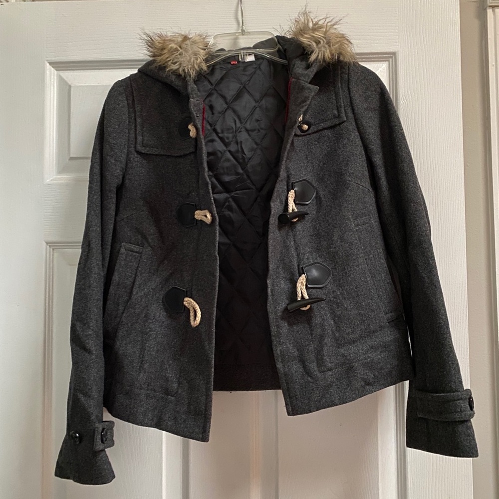 Uniqlo gray wool jacket with fur hat size xs